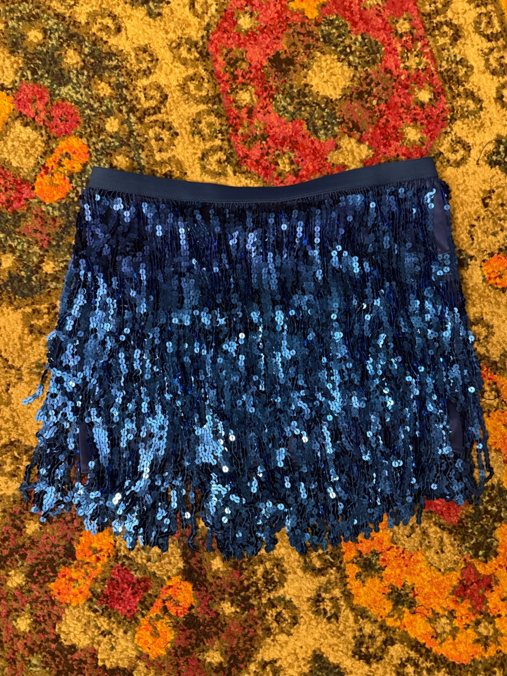 Royal Blue Sequin Fringe Mini Skirt Elegant Party Style Fun Trendy Elastic Lined